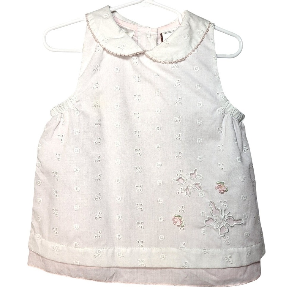 Little Bitty Girls White Eyelet Butterfly Pink Lined Peter Pan‎ Collar Dress 4T